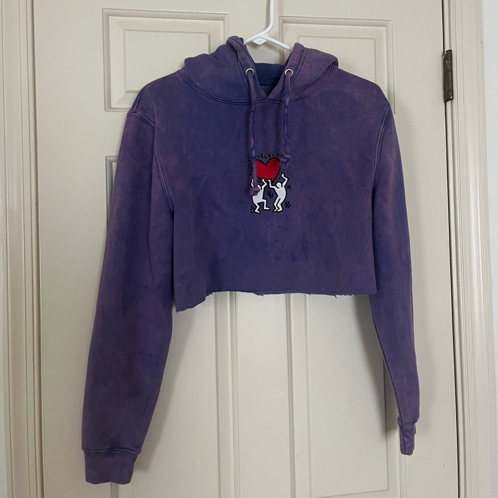 Keith Haring Purple Acid Wash Cropped Hoodie